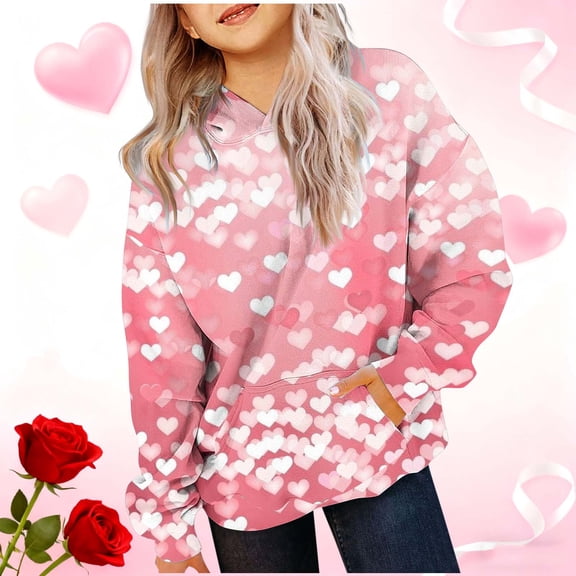 Girls Pink Heart Print Pullover Hoodie - Oversized Stretch Fit for 4-14Y with Kangaroo Pocket,Size 7-8T