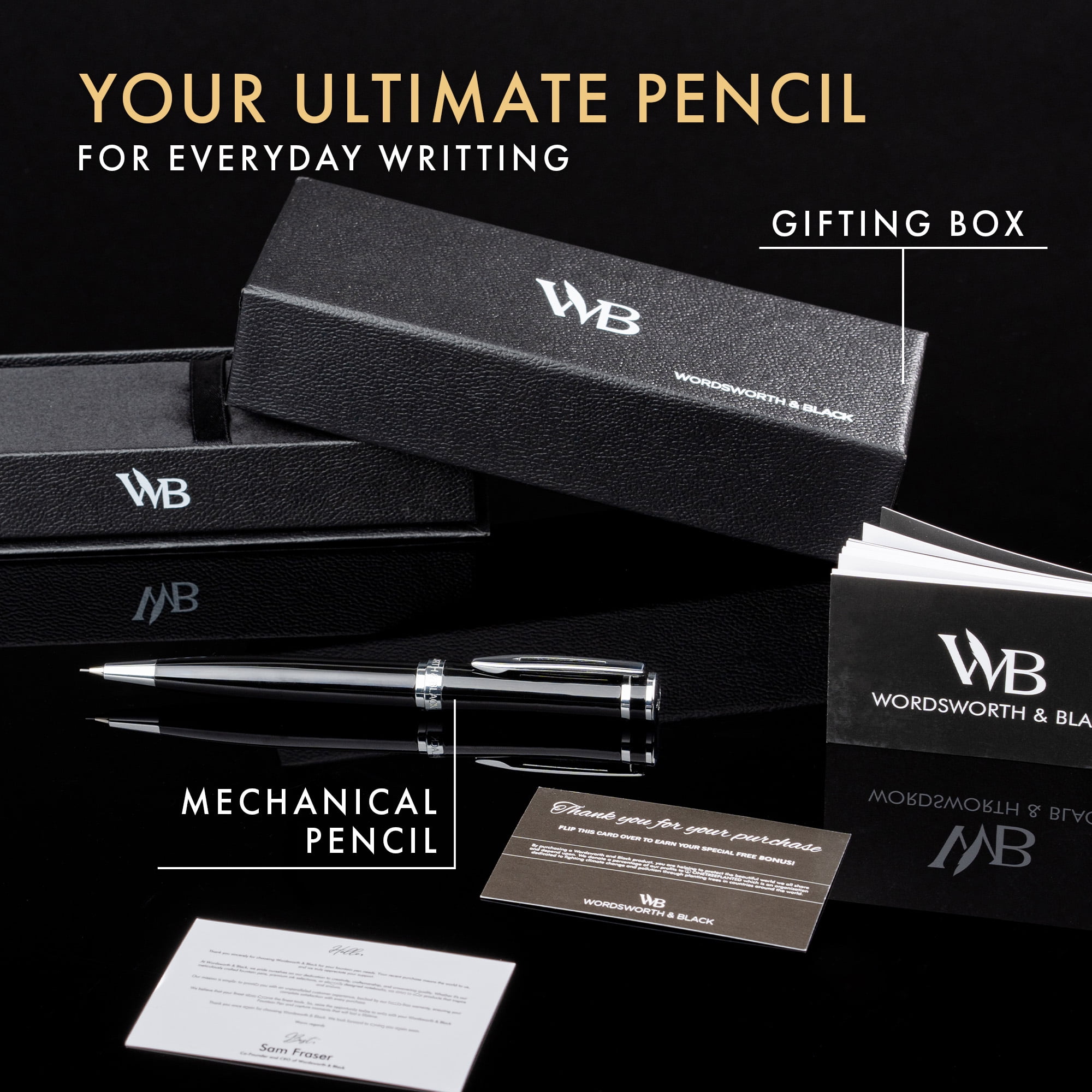 Wordsworth & Black Luxury Erudite Mechanical Pencil Set- Refillable Pencil, Gift Case; Journaling, Calligraphy, Drawing, Smooth Writing [Black Chrome]