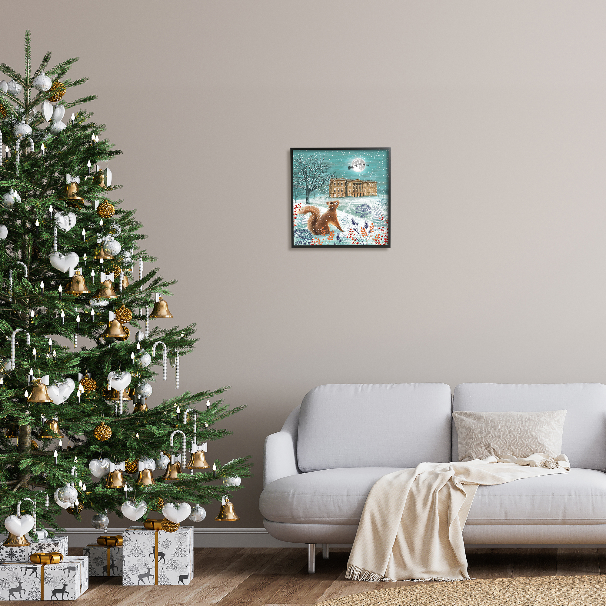 Stupell Industries Squirrel Watching Santa Claus Holiday Painting Black Framed Art Print Wall Art