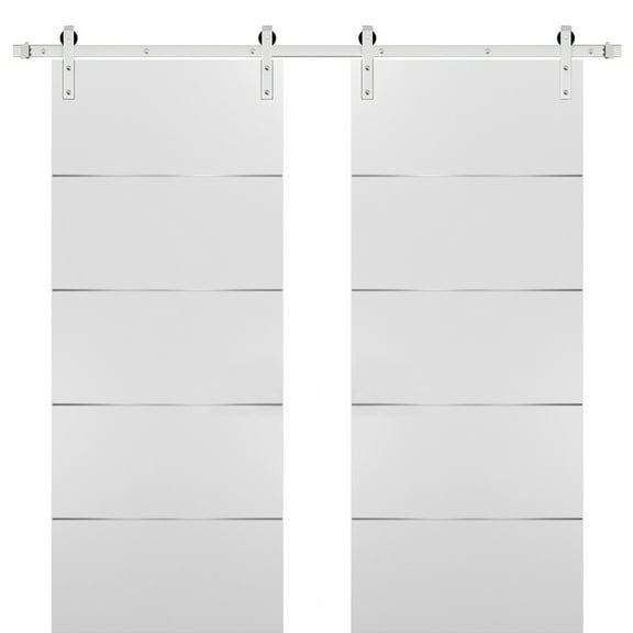 Sliding Double Barn Doors with Hardware | Planum 0020 White Silk | 13FT Rail Hangers Sturdy Set | Modern Solid Panel Interior Hall Bedroom Bathroom Door-36" x 96" (2* 18x96)-Silver Rail