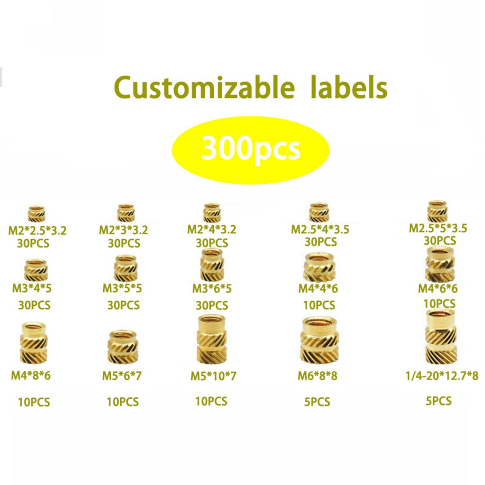 300 Pcs 2/2.5/3/4/5/6mm Female Thread Knurled Brass Threaded Insert Embedment for 3D Printing Components