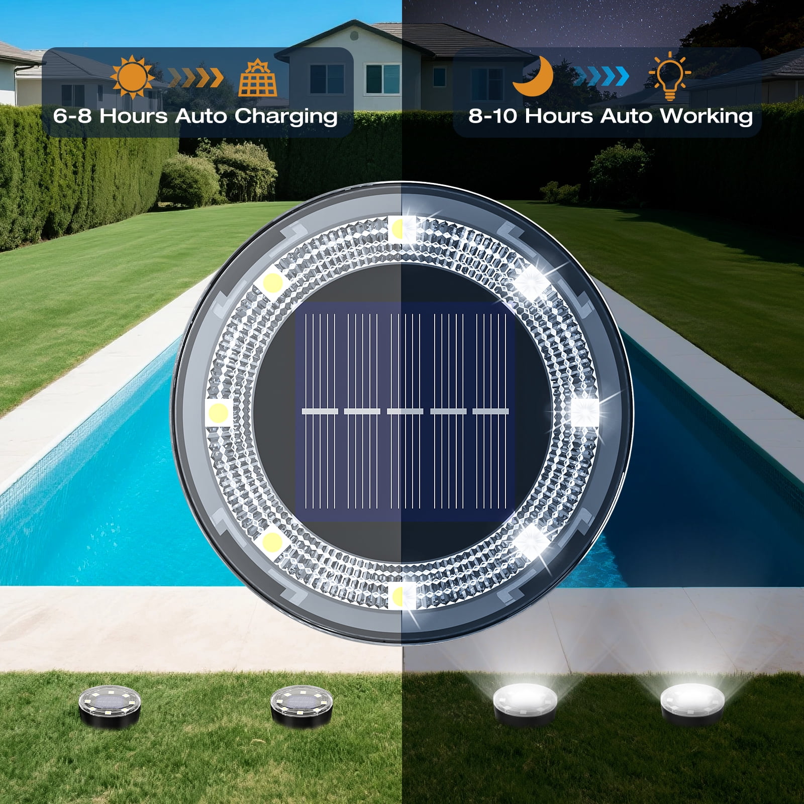24 Pack Solar Mini Ground Lights Outdoor - 8 LED Disc Lights with Flat Design IP44, Solar-Powered Pathway Lights for Garden, Lawn, Patio, Yard, Path & Landscape ( Cool White)