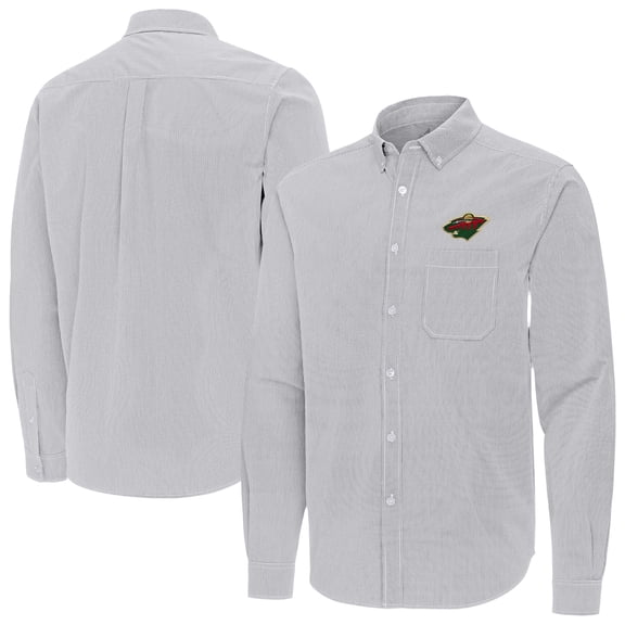 Men's Antigua Gray Minnesota Wild Porter Woven Tri-Blend Long Sleeve Button-Down Shirt