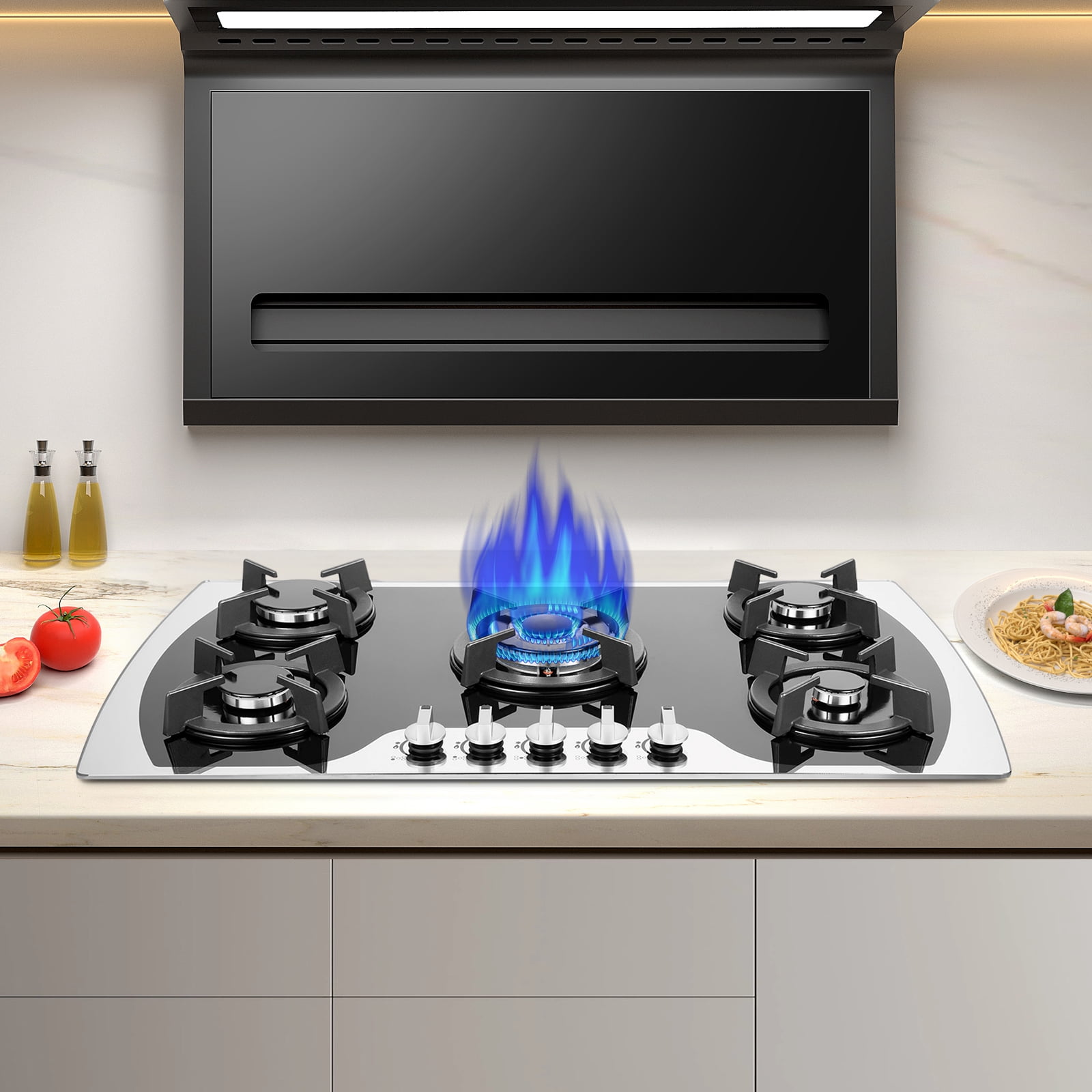 35.4-inch 5-Burner Built-in Gas Cooktop, 3.0kW Powerful Burner & Simmer Burner, Tempered Glass with Cast Iron Grates, Dual Fuel (Natural Gas/LPG) Conversion Kit Included