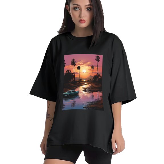 Plus Size Shirt for Women Black Tops for Women Short Sleeves Shirt for Women Vintage Landscape T Shirt Crewneck Shirt for Women XS