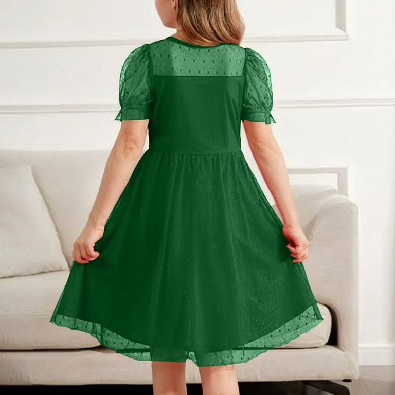 Inglocry Girls Dress Contrast Mesh Puffy Short Sleeve A Line Solid Color  Casual Party Dress 3-12 Years Dark Green 9-10Y - Walmart.com