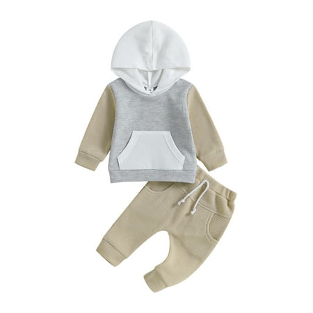 

ELF Infant Baby Fall Winter 2PCS Outfits Contrast Color Long Sleeve Hood Sweatshirt Tops Pants Set