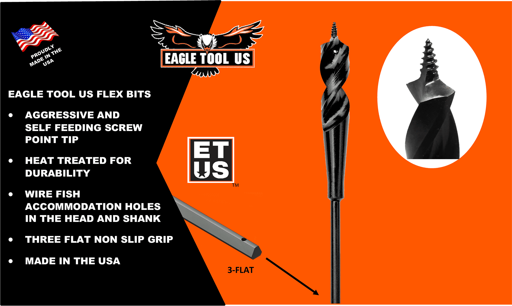 Eagle Tool US ESP75072 Flex Shank Installer Drill Bit, Screw Point, 3/4-inch by 72-inch, Made in The USA