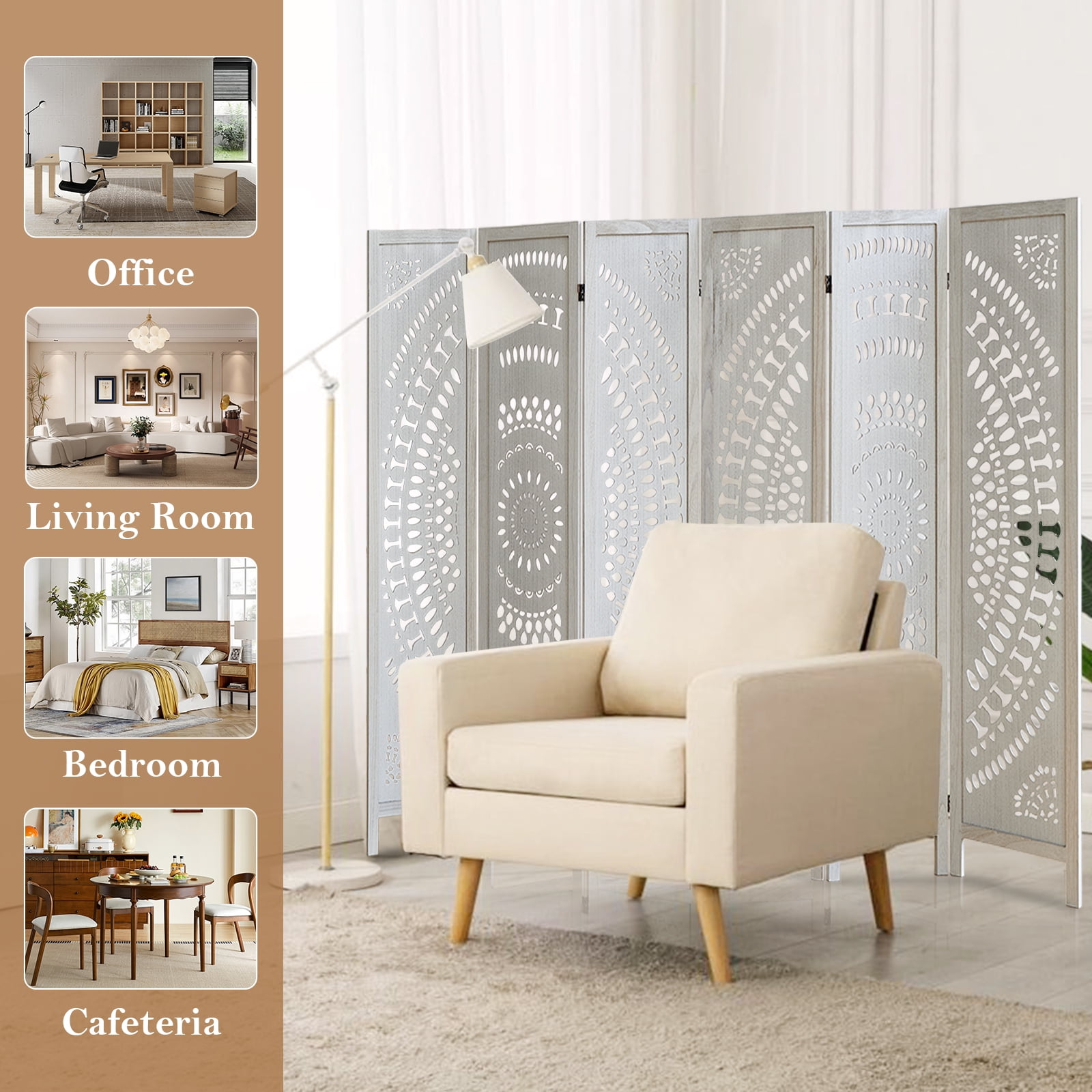 Aletheiawu 6 Panel Wood Carved Boho Room Dividers and Folding Screens, Freestanding Partition Wall Dividers for Home Bedroom Office, White