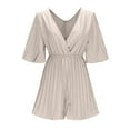 thumbnail image 3 of Usmixi Jumpsuits for Women Casual Solid Elastic Waist Plus Size Loose Flowy Pleated Wide Leg Short Jumpsuits Overalls Summer Formal Plain V-Neck Elbow-Length Mini Rompers Khaki m, 3 of 5