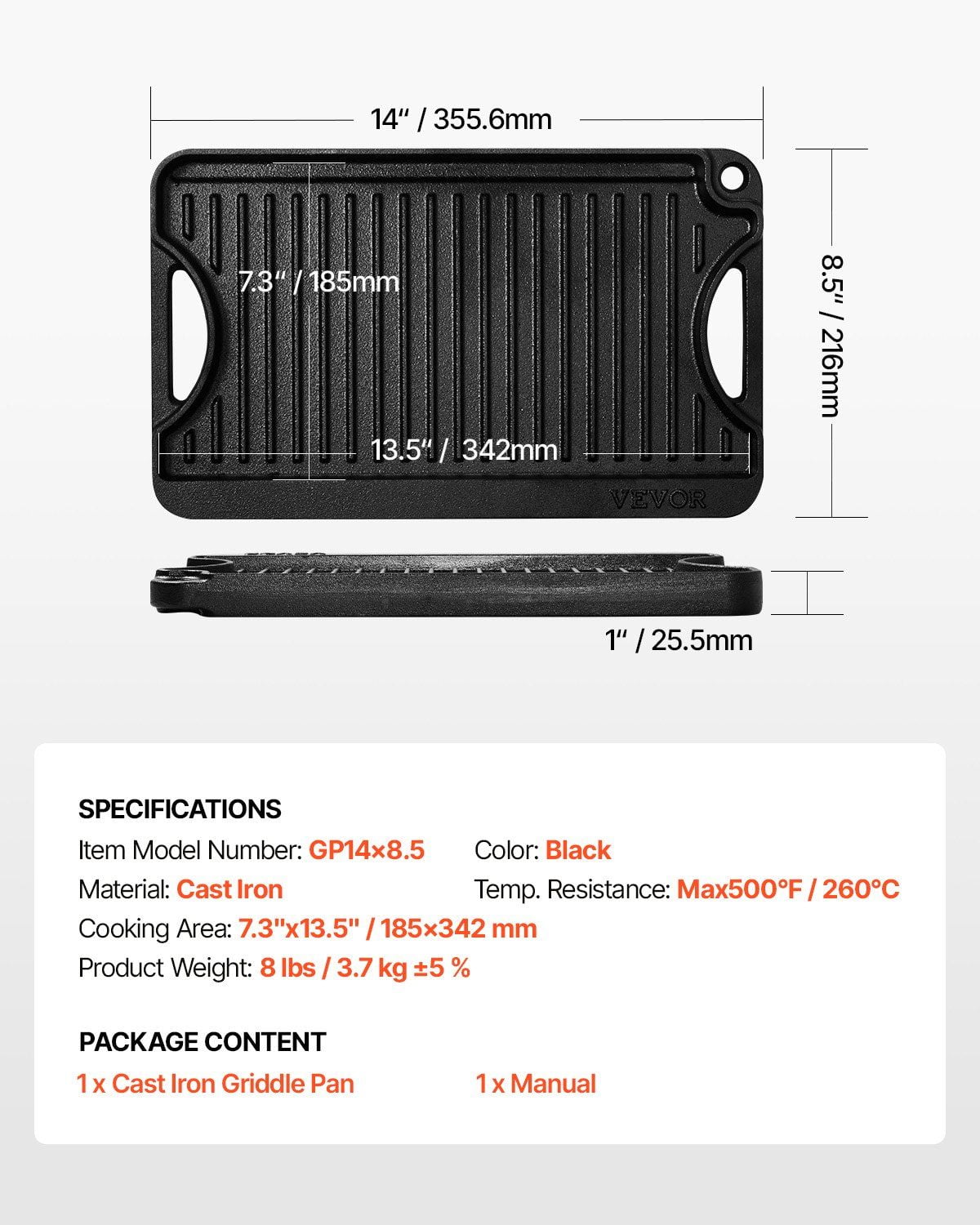 14x8.5 Inch Reversible Grill Griddle Cast Iron Pre-Seasoned BBQ Pan with Flat and Ridged Sides, Dual Handles, Non-Stick Surface, Oven Safe up to 500°F for Stovetop, Indoor and Outdoor Cooking