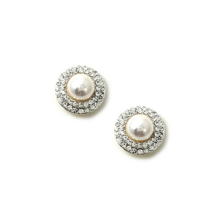 Around Crystal - Silver Crystal Rhinestone Double Row Circle Around a White Pearl Center Earrings