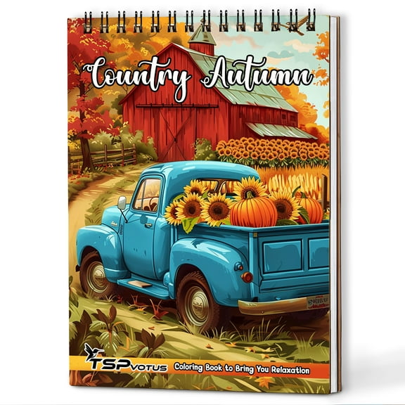 TSPVOTUS Country Autumn Spiral Bound Adult Coloring Book, A5 Wooden Cover, 30 Charming Coloring Pages of Country Scenes for Stress Relief and Relaxation