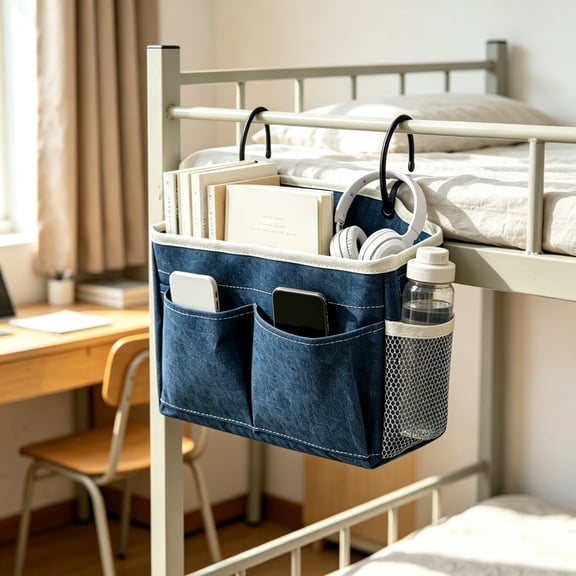 Bedside Caddy Organizer, Bedside Hanging Storage Basket, Storage Bag with Water Bottle Holders and Non Sag Canvas Hangingfor Dorm Bunk Bed, Bedroom, Hospital