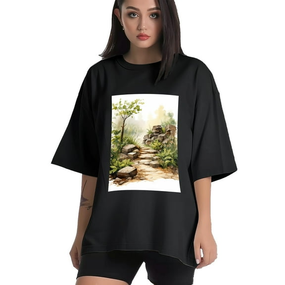 Plus Size Shirt for Women Black Tops for Women Short Sleeves Shirt for Women Nature Path2 T Shirt Crewneck Shirt for Women XS