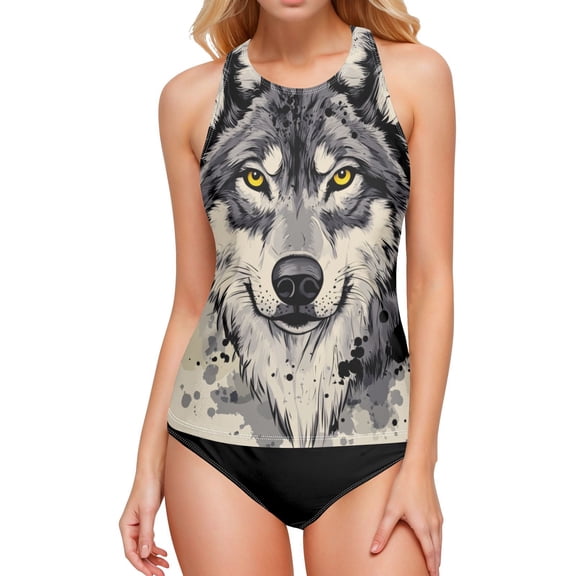 Women's Printed Tankini Top - High Elasticity Slim-Fit Swimsuit with Removable Straps & Cups, Perfect for Beach & Pool Parties，Sketched Wolf