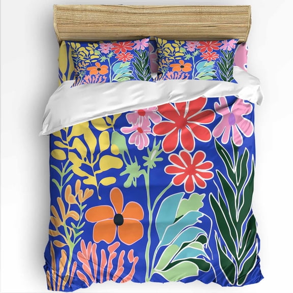 Spring Flower King Size Comforter Set, Abstract Watercolor Floral Plant Line Soft Bedding for All Seasons, 4 Pcs Bed Set with 1Comforter (90"x106") ,1 Sheet(94"x116"), 2 Pillowcases (19"x35")