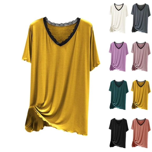 YHAJDS Womens Built in Bra Tops Solid Color Lace V Neck Short Sleeve Tee Sleepwear