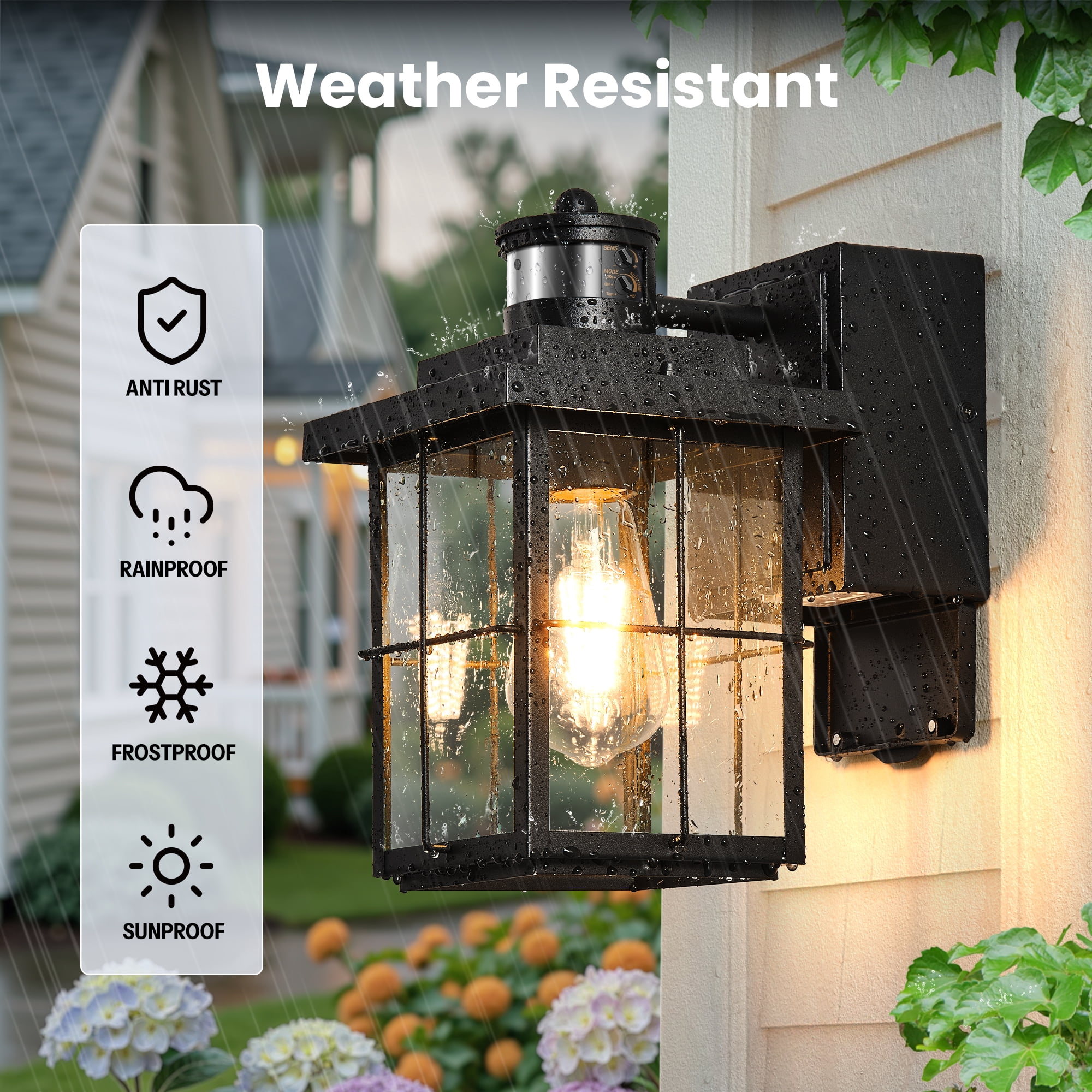 Gleamz Motion Sensor Porch Light with GFCI Outlet, Black Outdoor Wall Light with Outlet, Waterproof  Exterior Wall Lantern for Garage, Patio