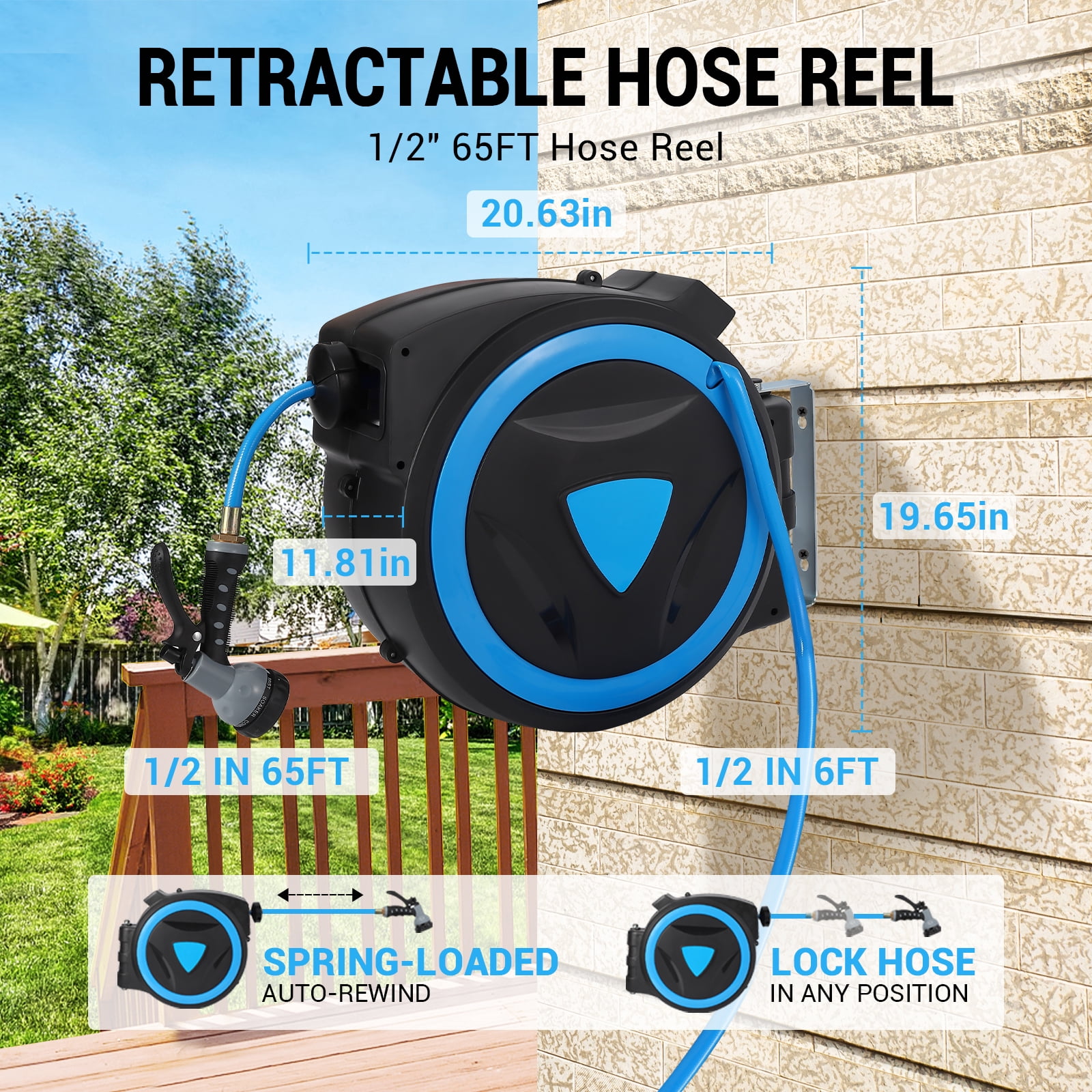 Mescukay Retractable Garden Hose Reel - 1/2 inch x 65 Ft Wall Mounted, 9-Function Nozzle, Any Length Lock, Slow Return, 180° Swivel Bracket
