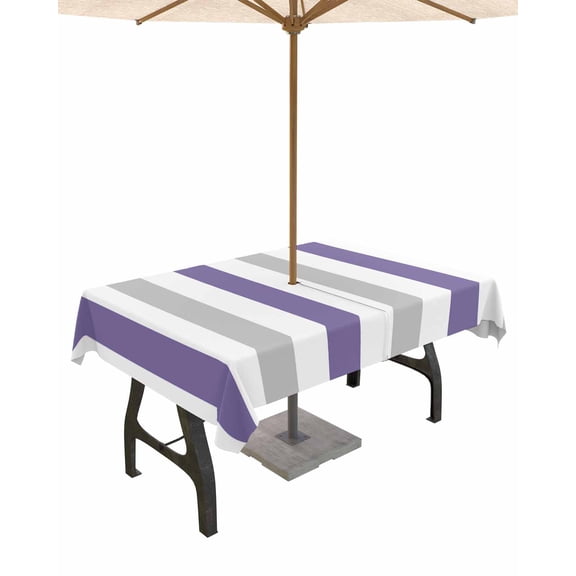 Lsrtoss Outdoor Tablecloth with Umbrella Hole & Zipper, Purple Grey Striped Rectangle Tablecloth 60x120 Inch, Minimalist Farmhouse Stripe Patio Table Cover Waterproof Table Cloth for Picnic/Party