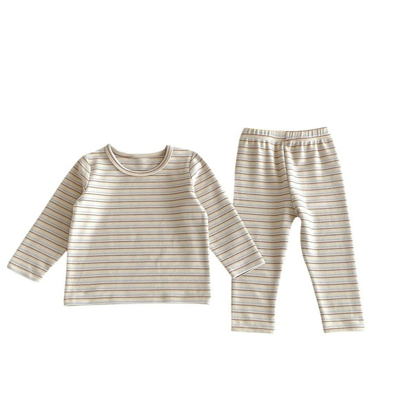 Odeerbi Kids Boys Girls Cotton Pajama Sets Striped Printed Loungewear Children's Long Sleeves Round Neck Pajamas Beige