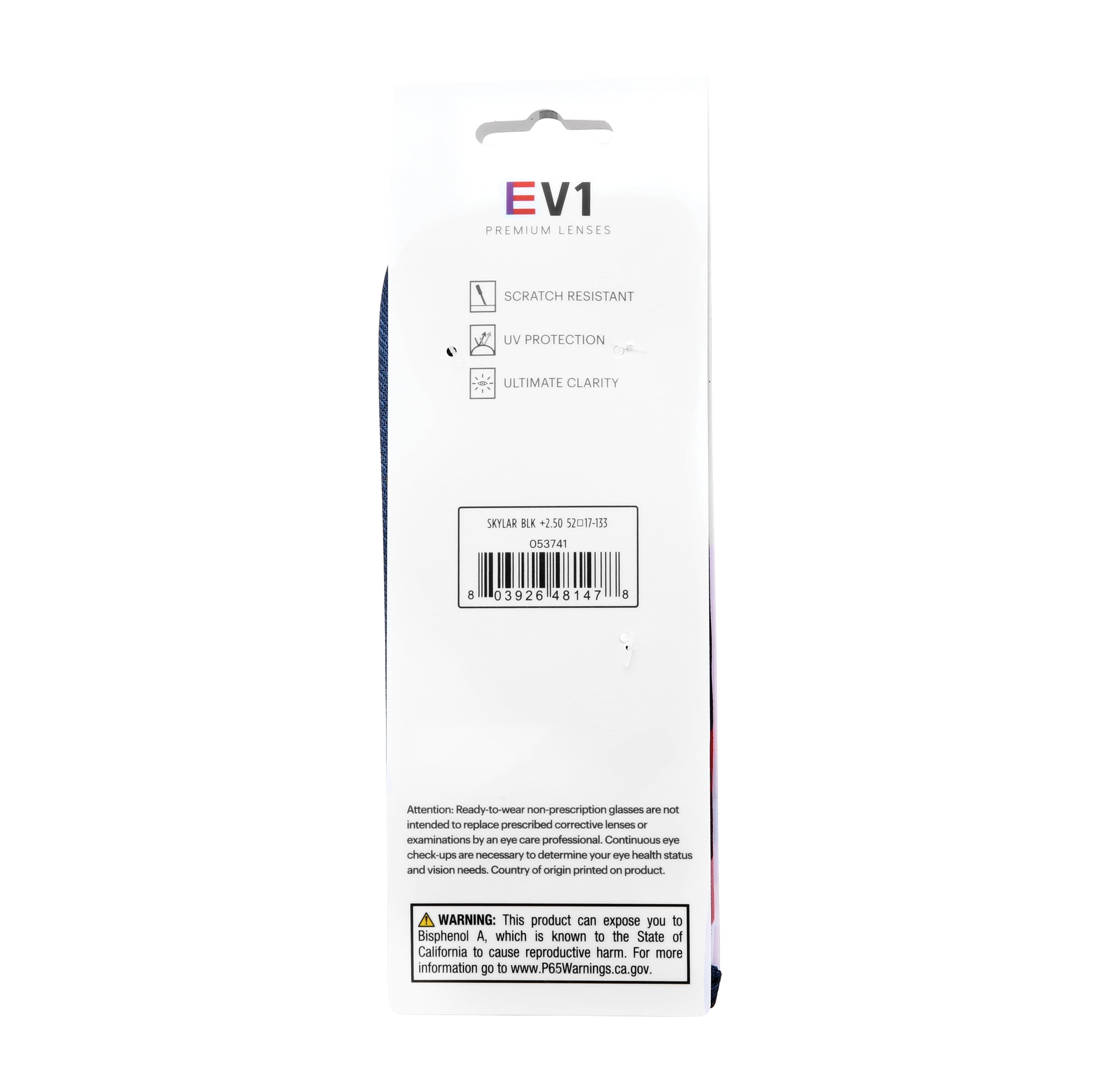 EV1 Skylar Black +2.50 Reading Glasses with Case