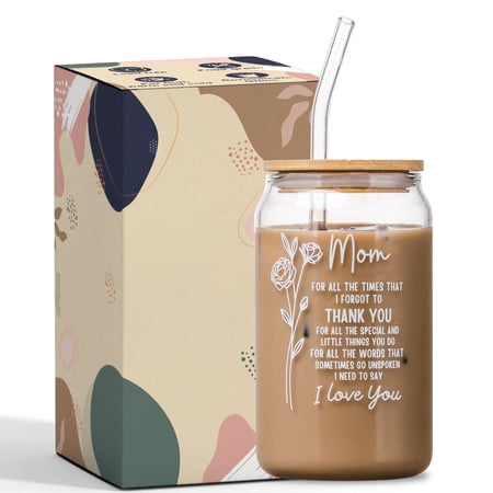 Bluxeo Mothers Day Gift for Mom from Daughter,Son, Bonus Kids, Foster Kids Glass Cup with Bamboo Lids I Love You Mom