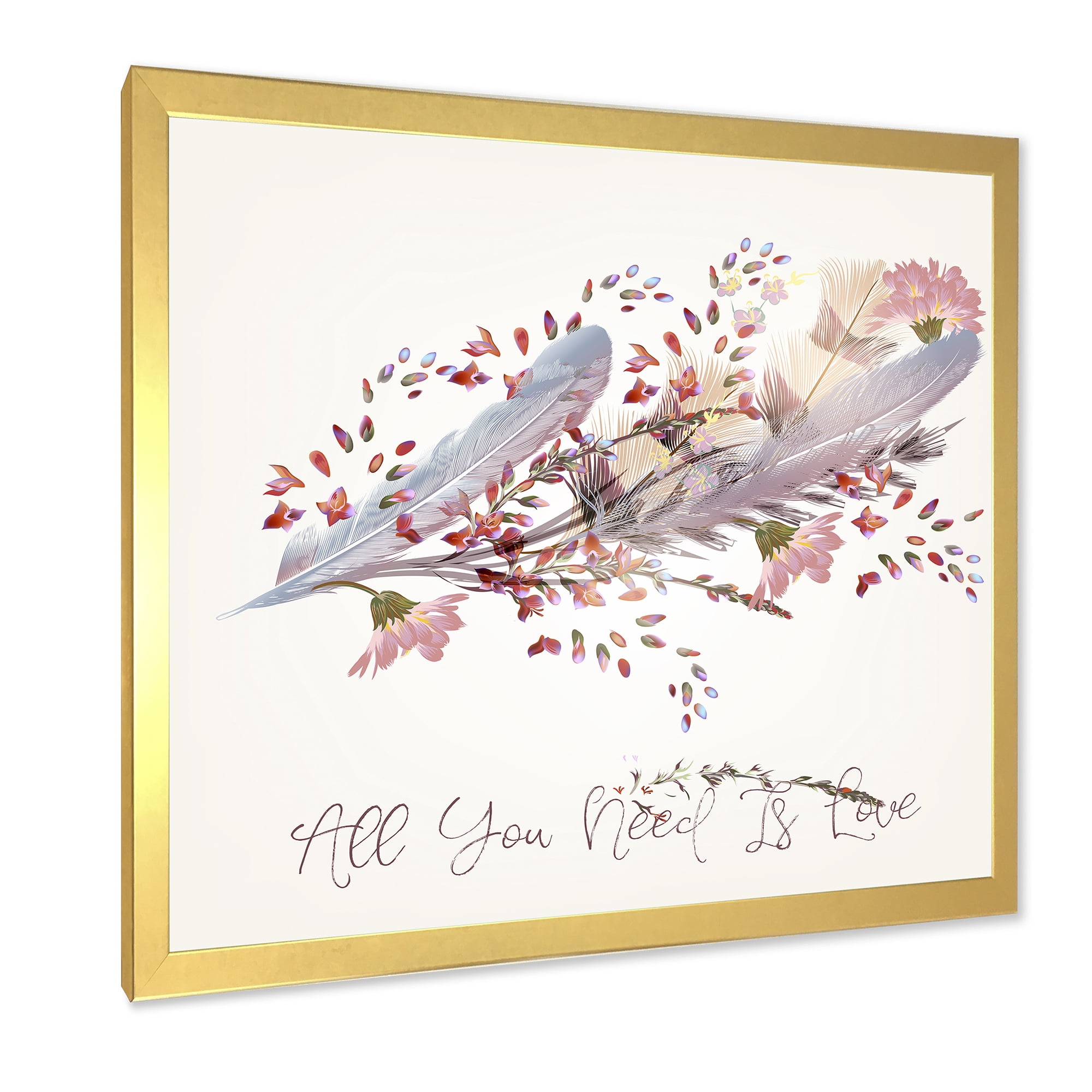 Designart 'Pink Feathers and Flowers All You Need Is Love' Bohemian & Eclectic Framed Art Print