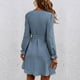 thumbnail image 4 of Vestido de cuello en V Color puro Globo Manga larga Fibra de poliéster Casual Vestido con cinturón para compras diarias Azul S, 4 of 6