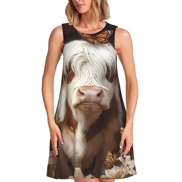 Balery Cow With Butterflies Vestidos de verano para mujer con estampado: vestido holgado sin mangas, vestido playero informal y cómodo para días calurosos.