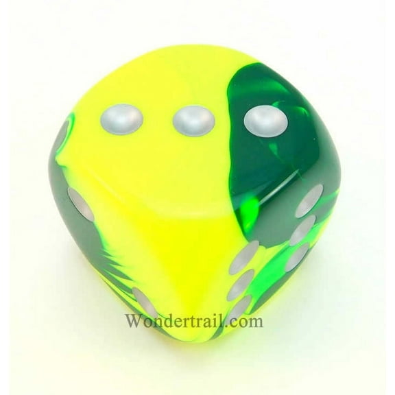 Green and Yellow Gemini Die with Silver Pips D6 50mm (1.97in) Pack of 1 Chessex