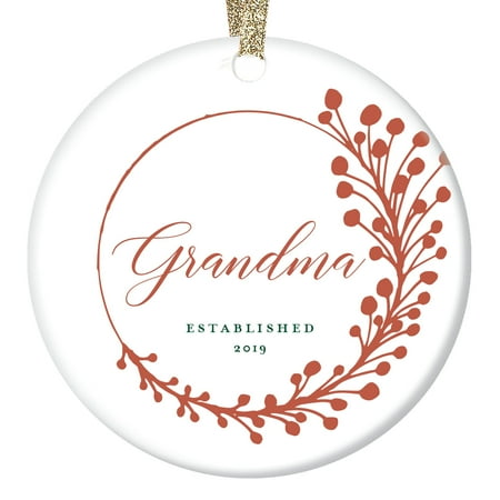 New Grandma Established 2019 Christmas Ornament First-Time Grandmother Gift Pregnancy Baby Grandchild Announcement Elegant Sprig & Cursive Design Cute Ceramic Keepsake 3
