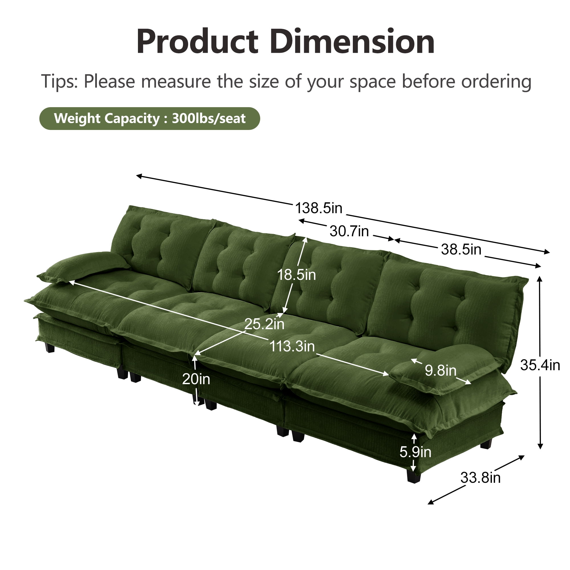 AISWORD 138" 4-Seater Modular Sectional Cloud Sofa, Chenille Fabric Deep Seat Couch with Lattice Decored Cushions