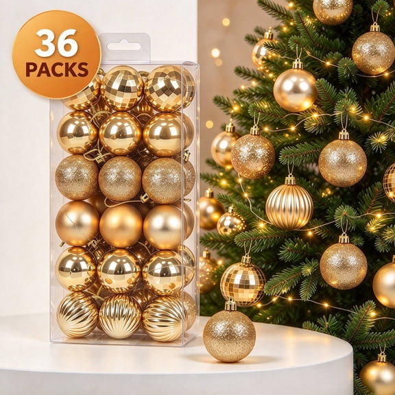 36PCS Christmas Tree Ball Ornaments – 6 Styles Shatterproof Hanging Decorations, 1.6" Diameter, for Festival, Holiday & Party Decor,Gold