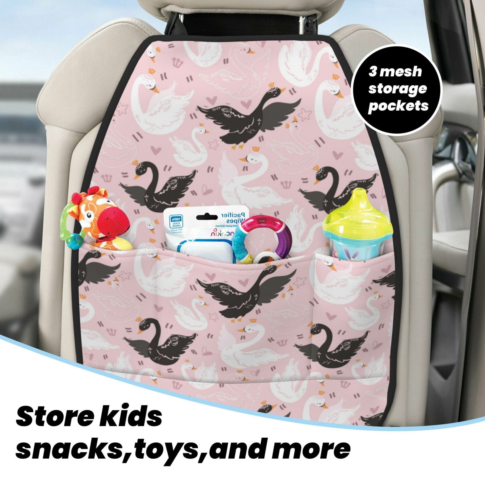 Xecao Swan And Flowers2 Pattern Car Seat Back Protector 2 Pack Large Capacity Pocket, Kick Mats Back Seat Protector