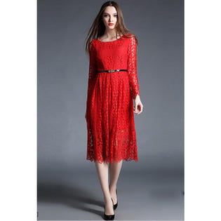 Women Long Sleeves Knee Length Lace A-line Dress Red | Walmart Canada