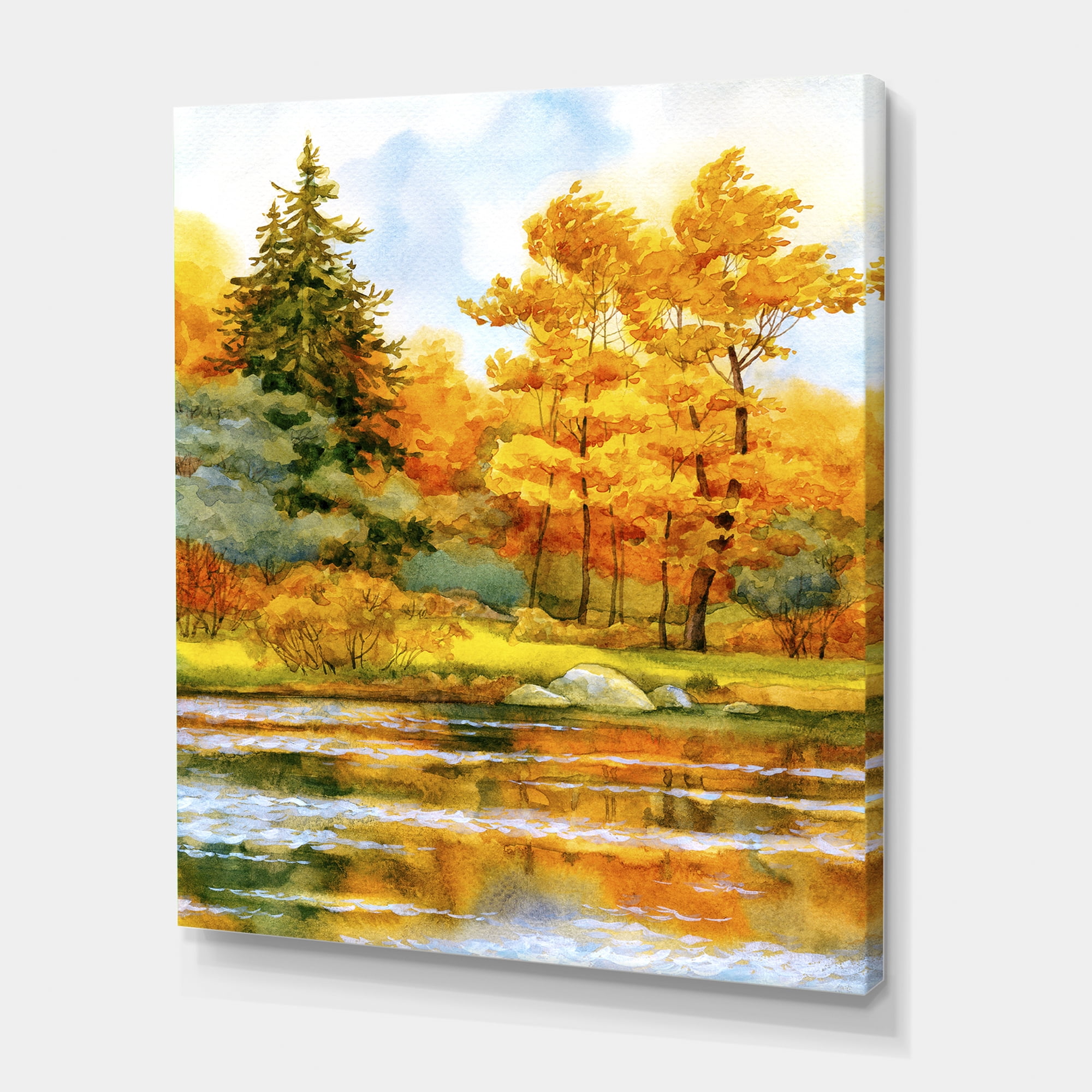 Designart ' Autumn Forest By The Lake Side II ' Lake House Canvas Wall Art Print