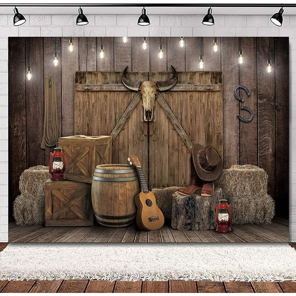 Cowgirl Western Birthday Backdrop Rustic Country Boho Wooden Plank Pink Flower Happy Birthday Baby Shower Wood Hat Retro Decorations Photography Background Banner Photo Booth Studio