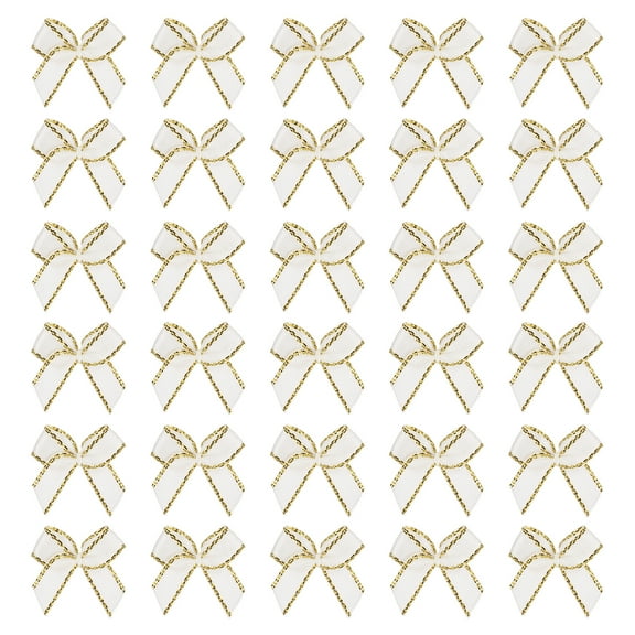 Mini Metallic Edge Ribbon Bow. 22x23mm Satin Gold Edge Ribbon Bow Appliques for Crafts DIY Hair Bows Sewing Wedding Party Christmas Decoration, (Pack of 50, White)