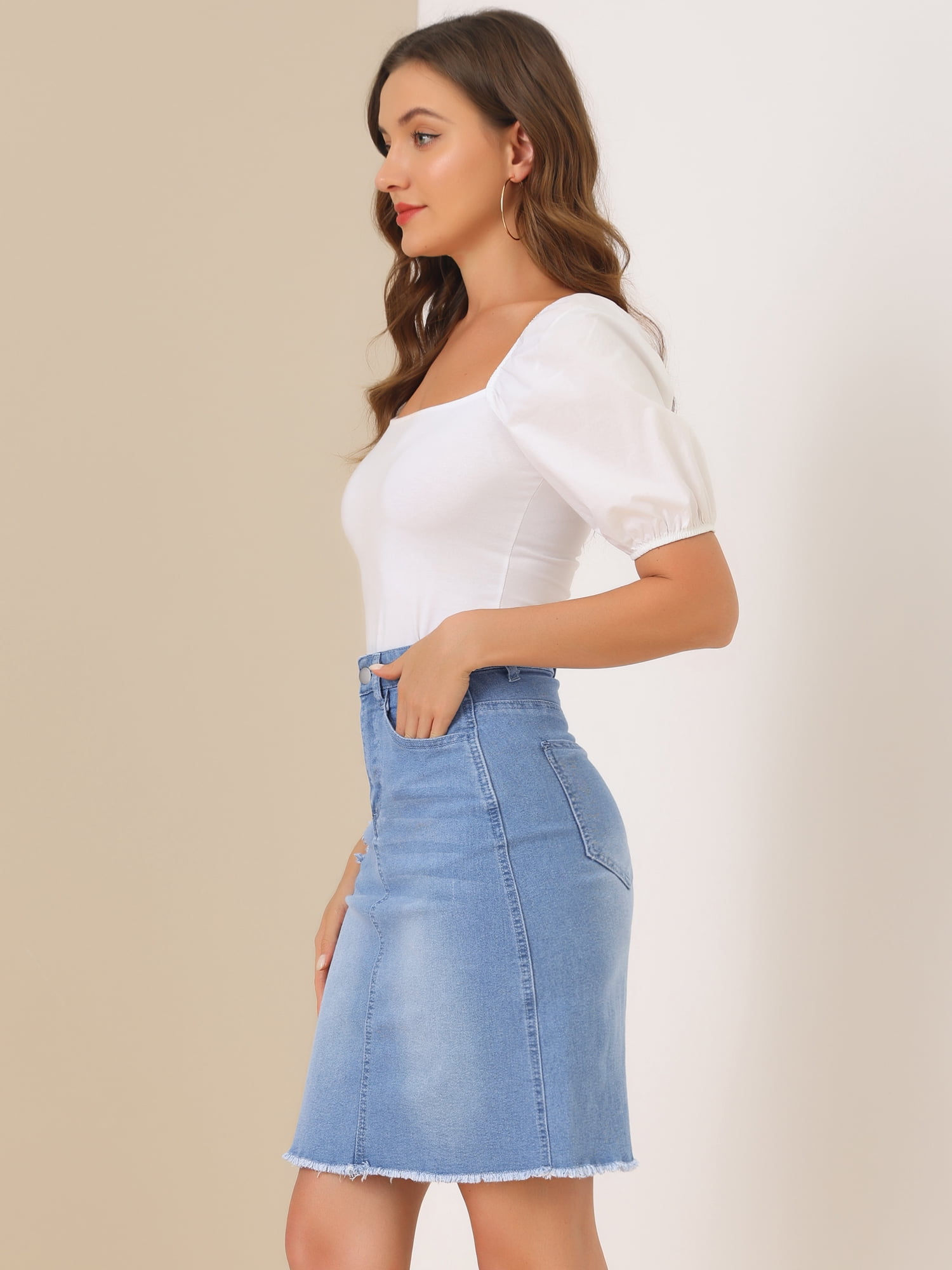 DARING DIVA Women's Ripped Hem Washed Jeans Denim Skirt XL Sky Blue