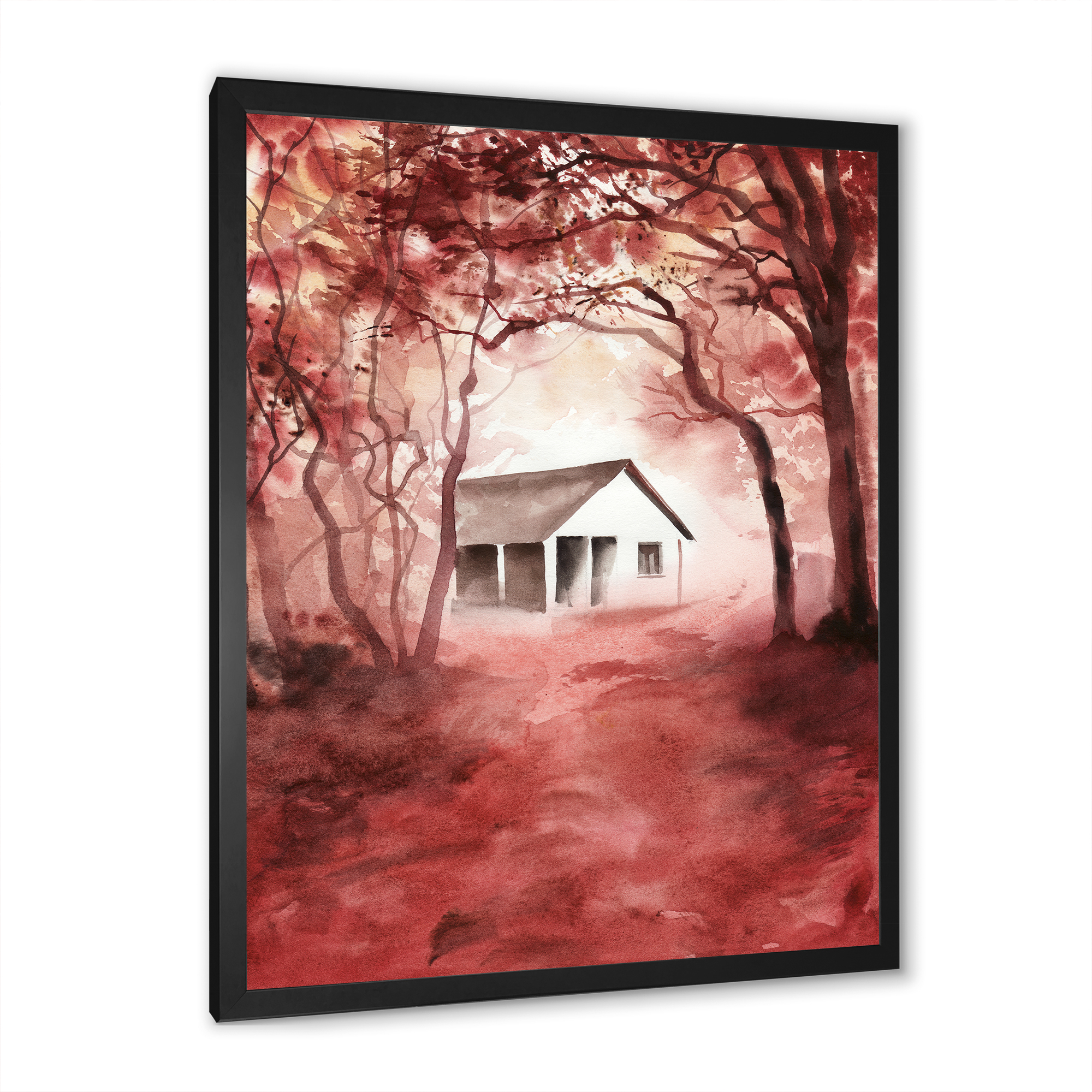 Designart 'Red Autumn Woods and A House in Wild' Cabin & Lodge Framed Art Print