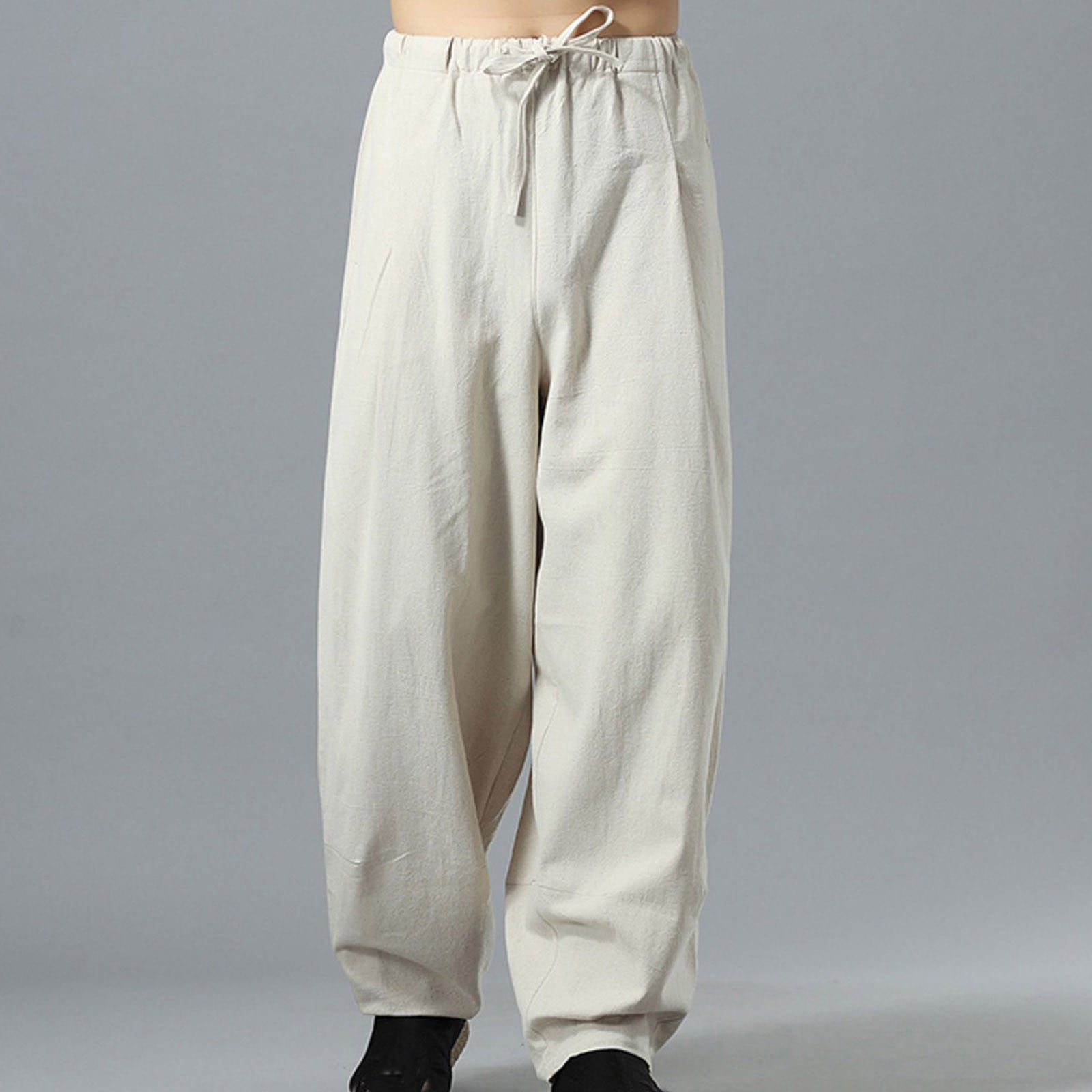 Virmaxy Linen Pants For Men Pure Colour Drawstring Elastic Waist
