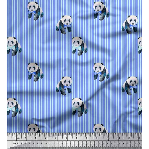 Soimoi Blue Cotton Voile Fabric Panda & Stripe Print Sewing Fabric Yard 42 Inch Wide