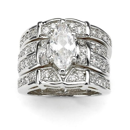 PalmBeach Jewelry 500639 3.05 TCW Marquise-Cut Cubic Zirconia Silvertone Metal Bridal Engagement Ring Wedding Band Set - Size 9