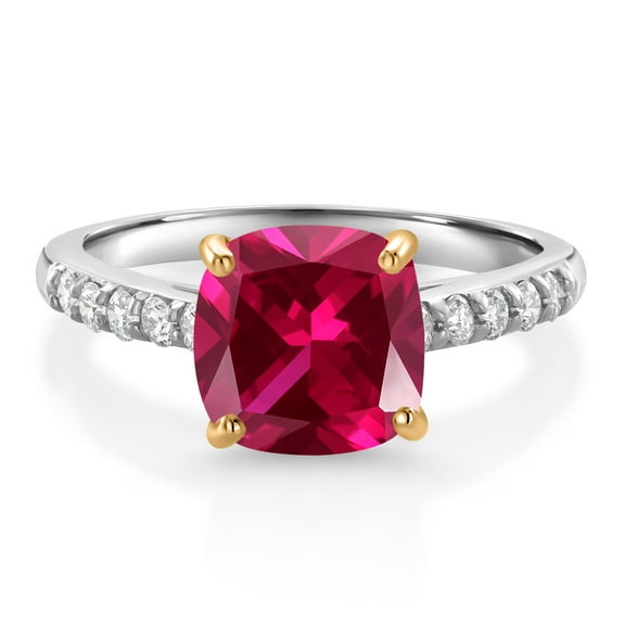 Gem Stone King 925 Sterling Silver and 10K Yellow Gold Red Created Ruby and White Lab Grown Diamond Engagement Ring for Women (2.70 Cttw, Cushion 8MM, Gemstone July Birthstone, Size 9)