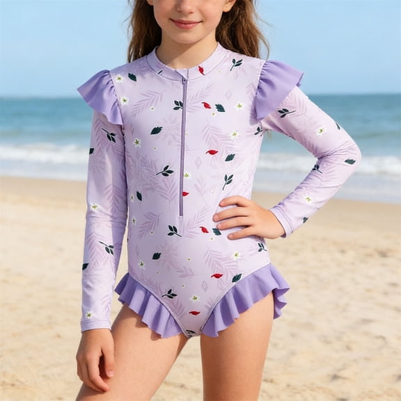 ATOGUTA One Piece Swimsuit Girl Long Sleeve Zipper Rash Guard Bathing Suit Swimwear with Sun Protection for Kids Size 3T-10, Purple