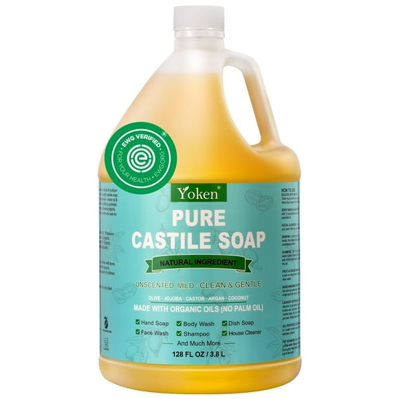 Yoken Savon Liquide Castille EWG Vérifié (1 Gallon, Non Parfumé) Savon Liquide Pur-Castile pour Corps, Visage, Mains, Animaux, Lessive, Savon à Vaisselle et Plus - Fabriqué