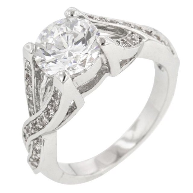 Genuine Rhodium Plated Engagement Ring with Prong Set Clear CZ in Silvertone- Size 8