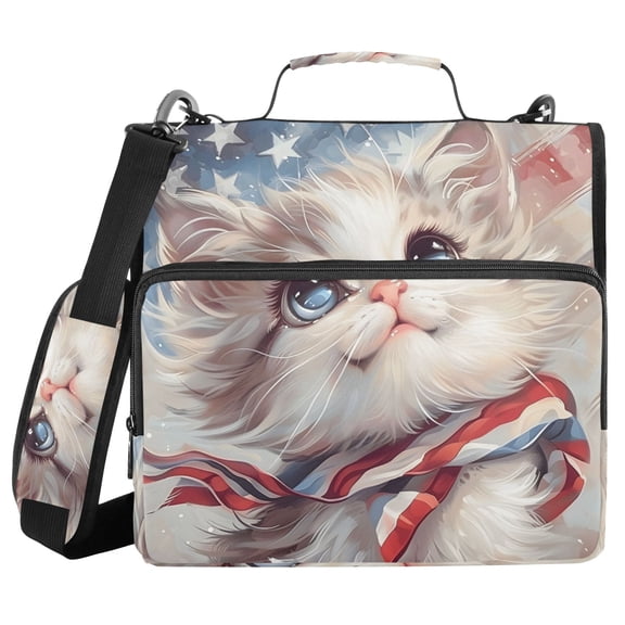 Haosy 3 Ring Zipper Binder with Shoulder Strap Waterproof Trapper Keeper 2 Inch D-Ring 500 Sheets Capacity, White Cat with American Flag